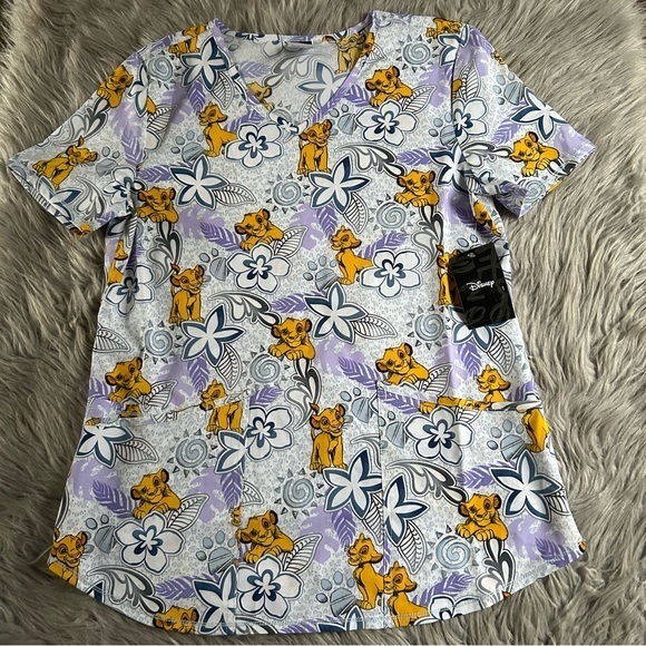 Disney Lion King‎ Scrub Top Womens Size Small V-Neck Short Sleeve Work Shirt - Picture 1 of 6